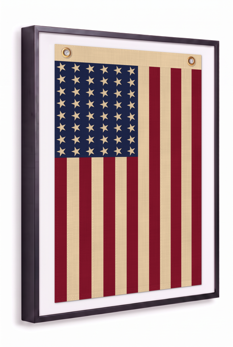 Vertical 48-Star Vintage American Flag Framed Wall Art – Embroidered Cotton, Real Cotton Cloth, USA