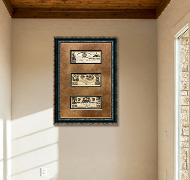 Framed Republic of Texas Money I | Historic Currency Art in Double Mat | 25L X 17W" Inches