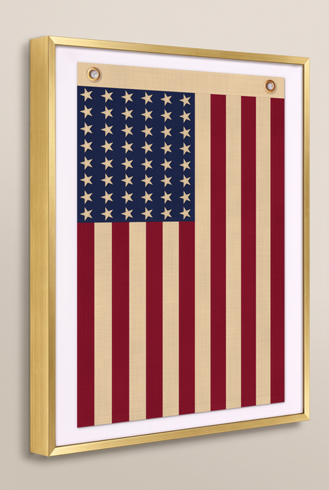Vertical 48-Star Vintage American Flag Framed Wall Art – Embroidered Cotton, Real Cotton Cloth, USA
