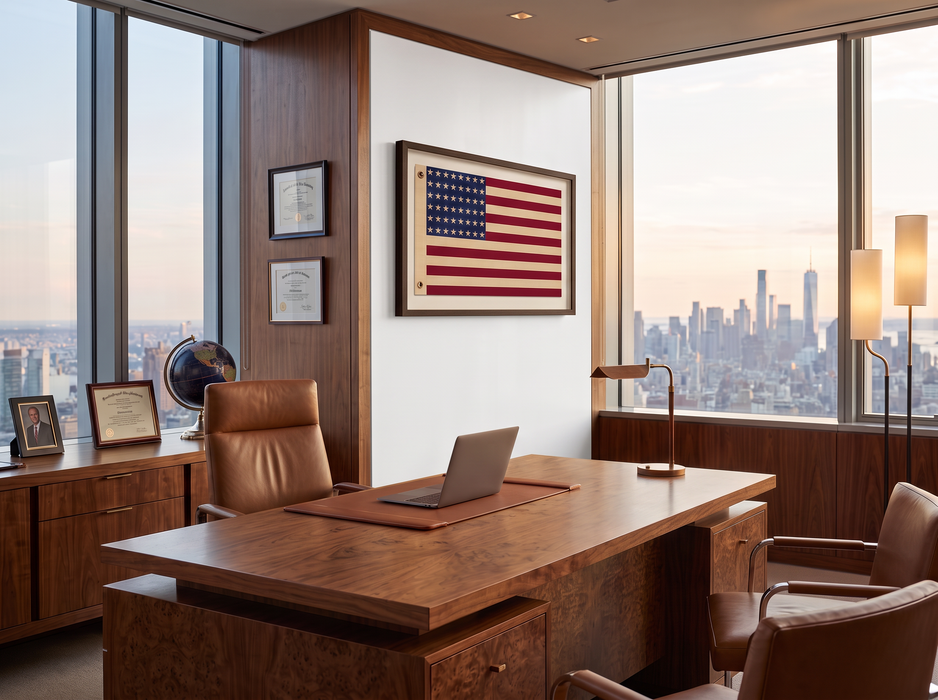 48-Star Vintage American Flag Framed Wall Art – Embroidered Cotton, Real Cotton Cloth, USA