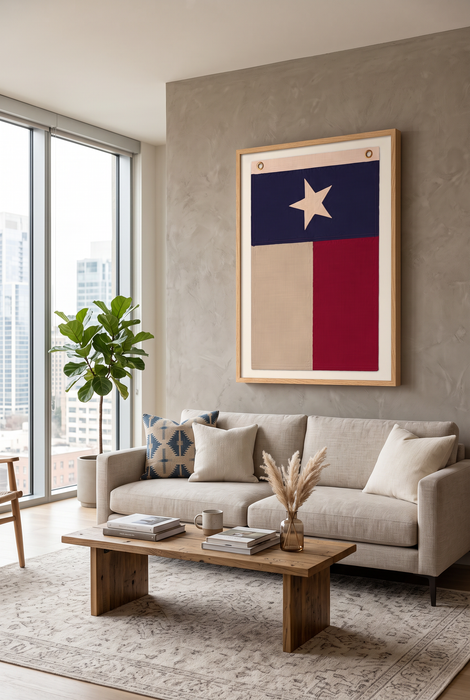 Vertical Large Framed Texas Flag Wall Art – Modern Black Frame, White Mat, Patriotic Lone Star Décor