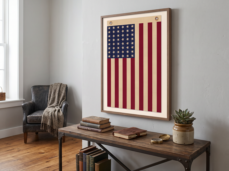 Vertical 48-Star Vintage American Flag Framed Wall Art – Embroidered Cotton, Real Cotton Cloth, USA