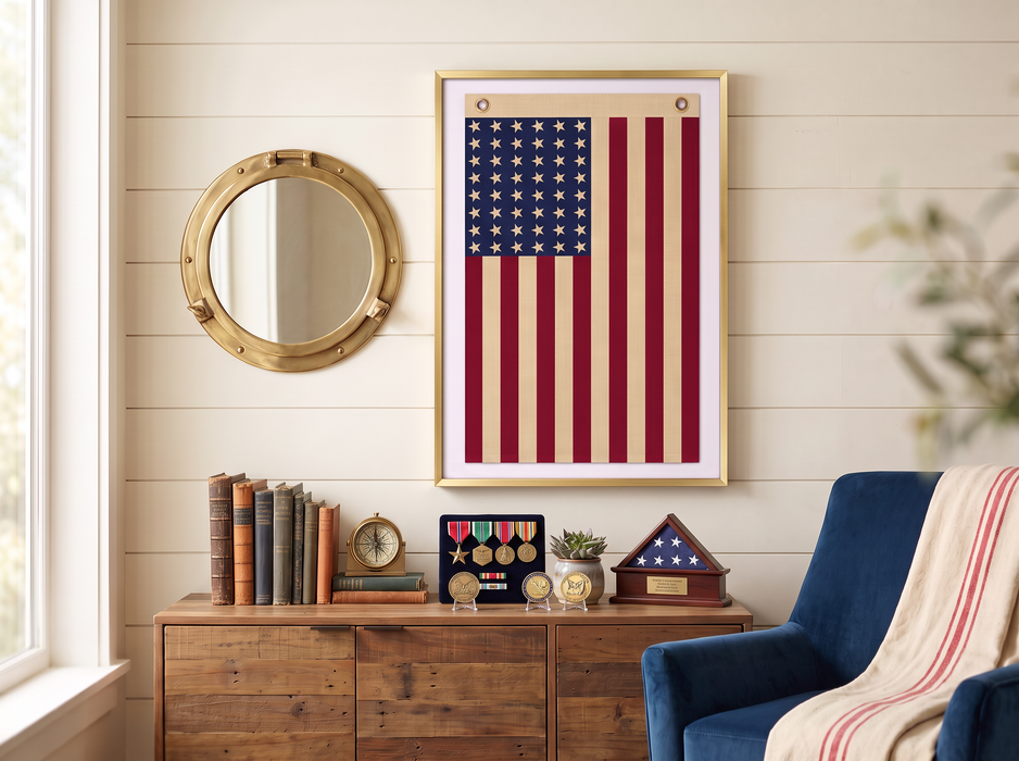 Vertical 48-Star Vintage American Flag Framed Wall Art – Embroidered Cotton, Real Cotton Cloth, USA