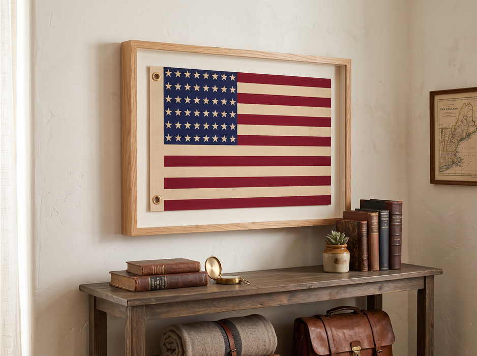 48-Star Vintage American Flag Framed Wall Art – Embroidered Cotton, Real Cotton Cloth, USA
