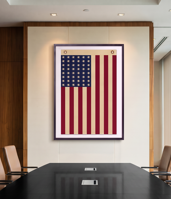 Vertical 48-Star Vintage American Flag Framed Wall Art – Embroidered Cotton, Real Cotton Cloth, USA