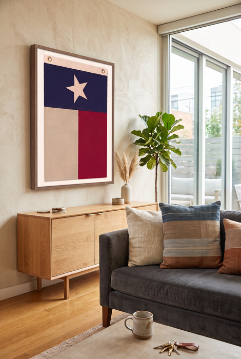 Vertical Large Framed Texas Flag Wall Art – Modern Black Frame, White Mat, Patriotic Lone Star Décor