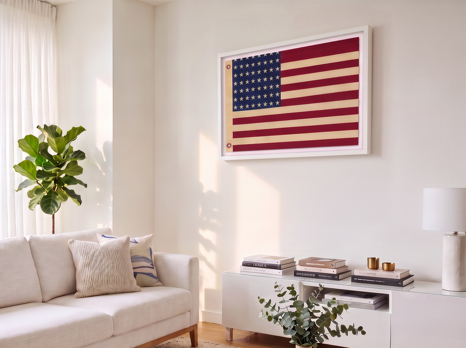 48-Star Vintage American Flag Framed Wall Art – Embroidered Cotton, Real Cotton Cloth, USA