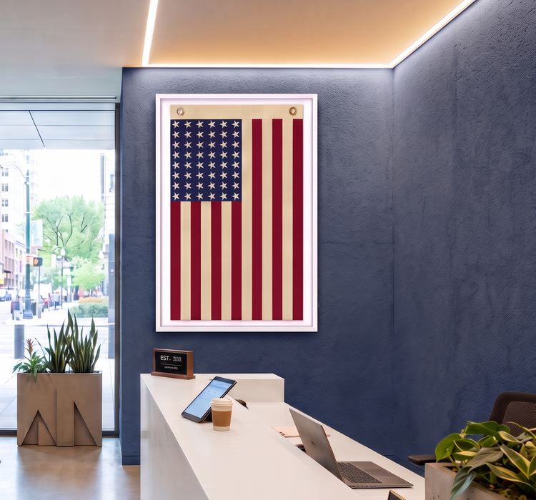 Vertical 48-Star Vintage American Flag Framed Wall Art – Embroidered Cotton, Real Cotton Cloth, USA