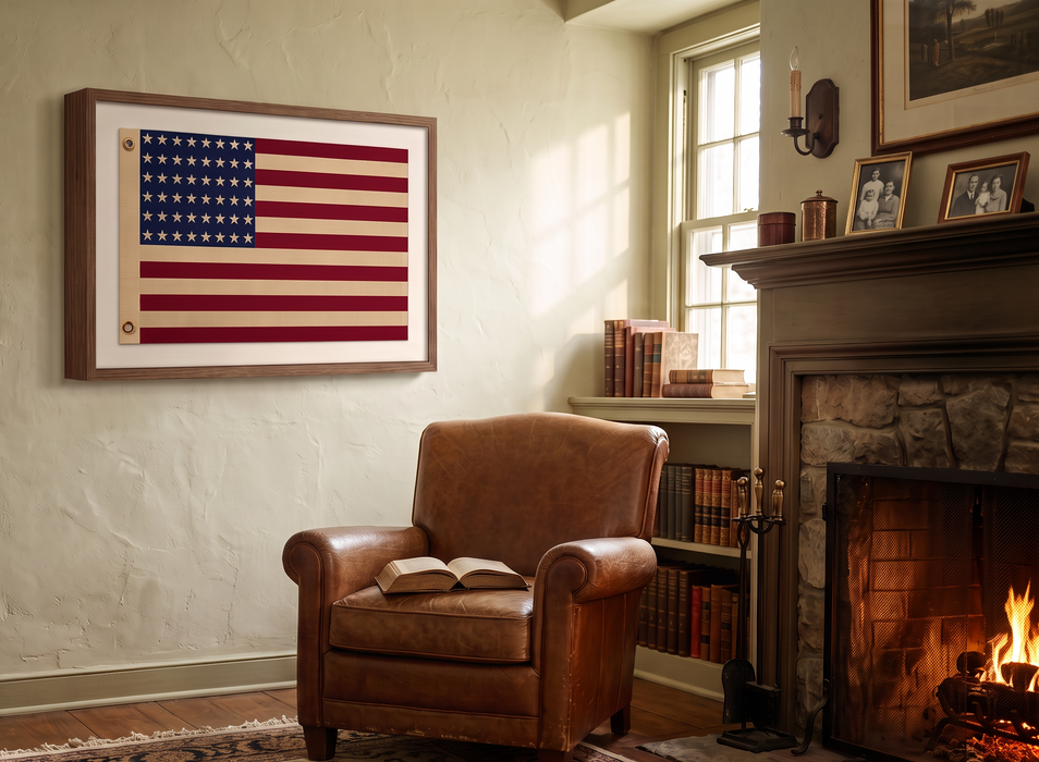 48-Star Vintage American Flag Framed Wall Art – Embroidered Cotton, Real Cotton Cloth, USA