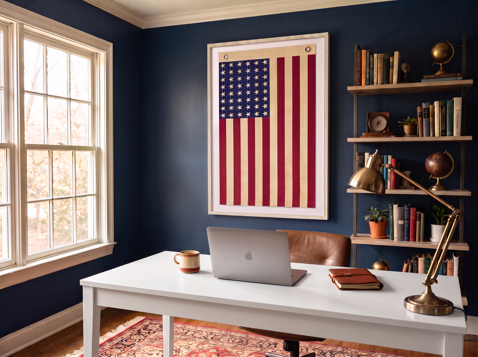 Vertical 48-Star Vintage American Flag Framed Wall Art – Embroidered Cotton, Real Cotton Cloth, USA