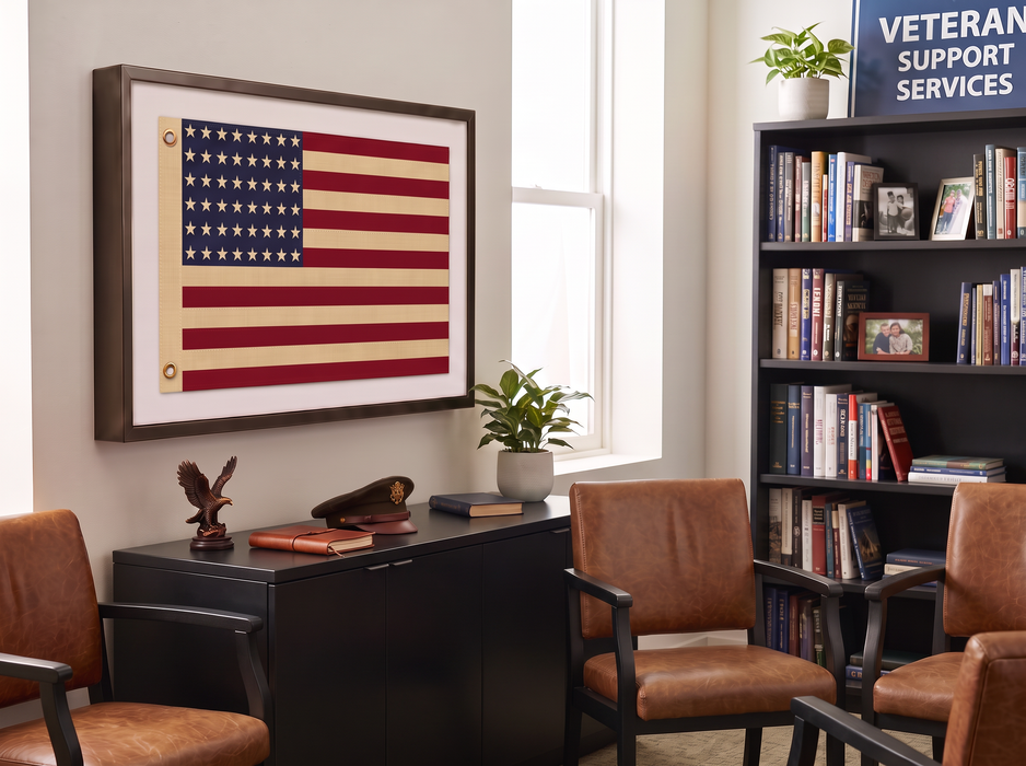 48-Star Vintage American Flag Framed Wall Art – Embroidered Cotton, Real Cotton Cloth, USA