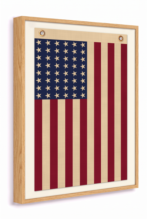 Vertical 48-Star Vintage American Flag Framed Wall Art – Embroidered Cotton, Real Cotton Cloth, USA