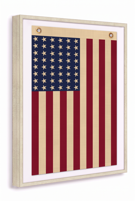 Vertical 48-Star Vintage American Flag Framed Wall Art – Embroidered Cotton, Real Cotton Cloth, USA