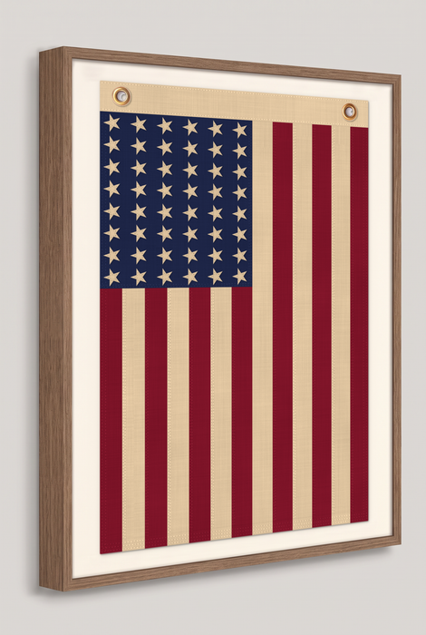 Vertical 48-Star Vintage American Flag Framed Wall Art – Embroidered Cotton, Real Cotton Cloth, USA