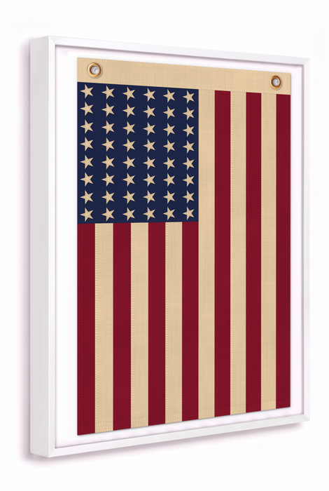 Vertical 48-Star Vintage American Flag Framed Wall Art – Embroidered Cotton, Real Cotton Cloth, USA
