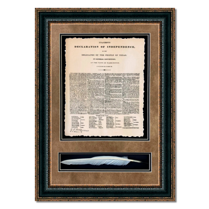 Framed Texas Declaration of Independence with Quill Shadowbox | Historic Document with Quill in Double Mat | 29L X 23W" Inches
