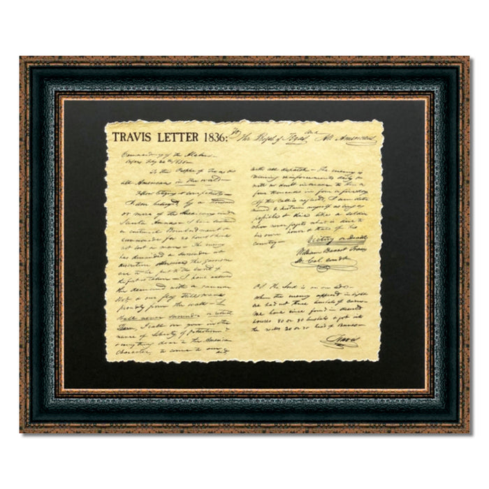 Framed Travis Letter | Historic Texas Document in Single Mat | 21L X 25W" Inches