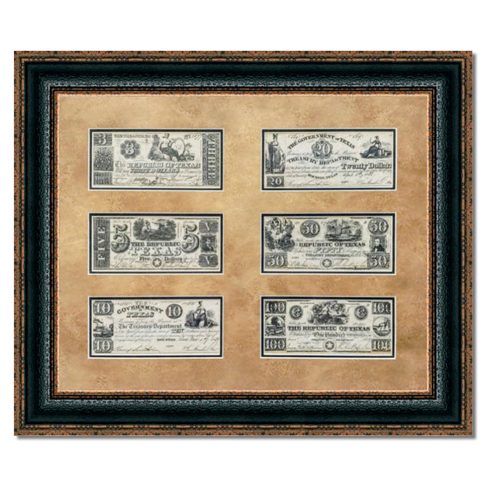 Texas Money with 6 Bills | Framed Historic Currency on Double Mat | 21L X 25W" Inches
