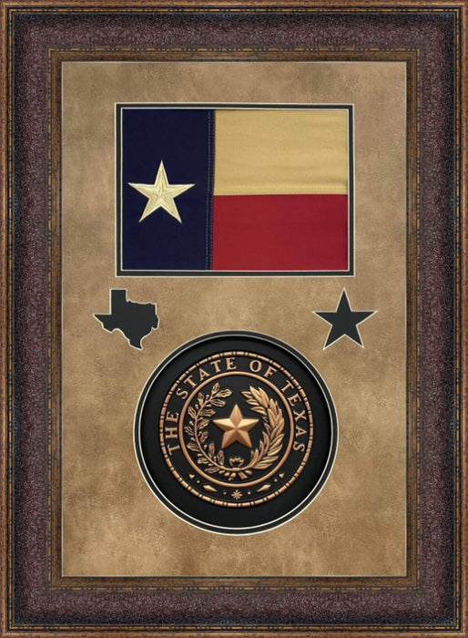 Framed Texas Flag and Texas State Seal Shadowbox | Real Cotton Cloth Embroidered Flag with 3D Seal | 38L X 28W Inches