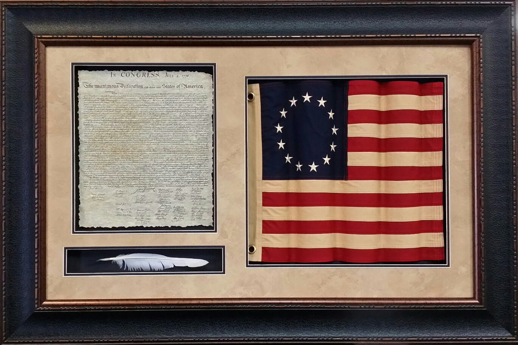 Framed Wavy Betsy Ross Flag with Declaration and Quill Shadowbox | Real Cotton Cloth Embroidered Flag | 32L X 48W" Inches