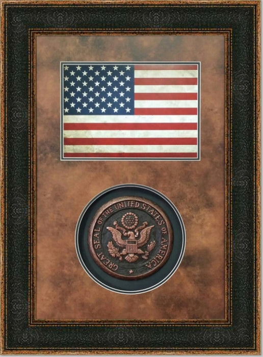 Framed American Flag with American Seal Shadowbox | Real Cotton Cloth Embroidered Flag | 37L X 27W" Inches