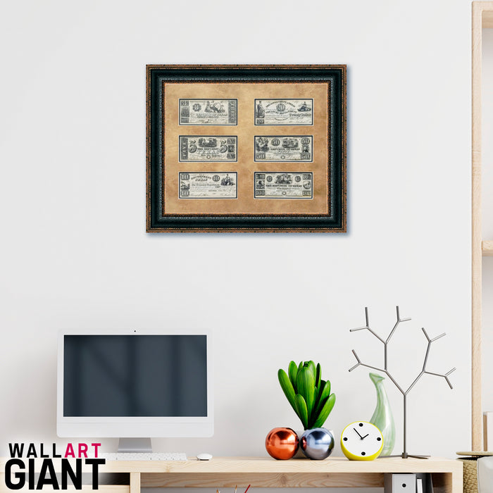 Texas Money with 6 Bills | Framed Historic Currency on Double Mat | 21L X 25W" Inches