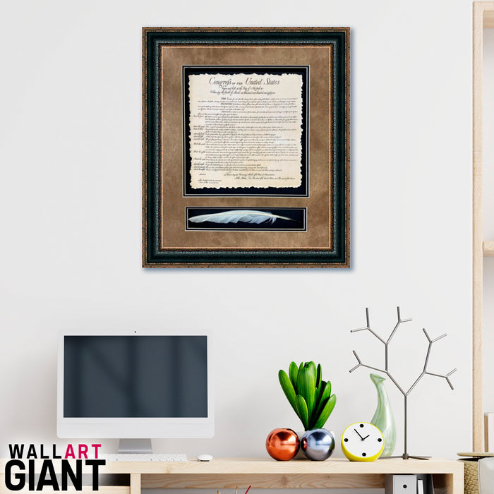 Framed Bill of Rights with Quill Shadowbox | Historic Document with Quill in Double Mat | 27L X 25W" Inches
