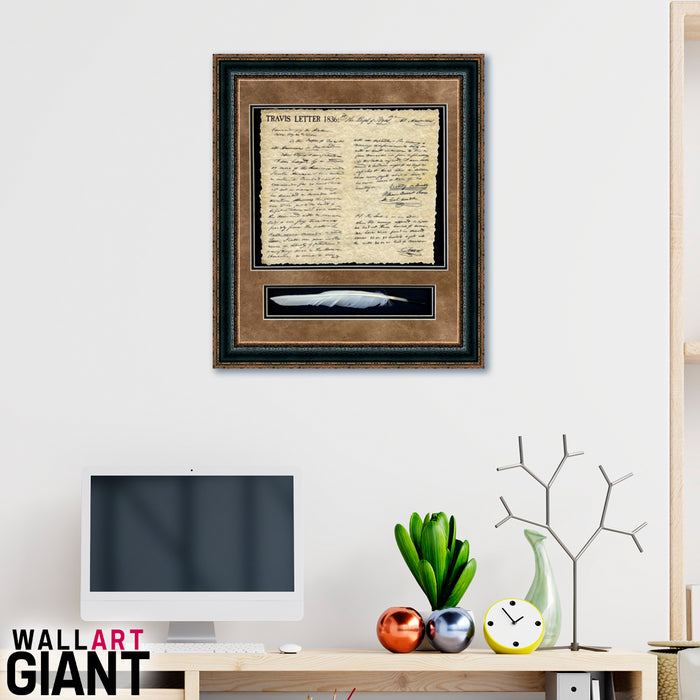 Framed Travis Letter with Quill Shadowbox | Historic Document with Quill in Double Mat | 27L X 25W" Inches