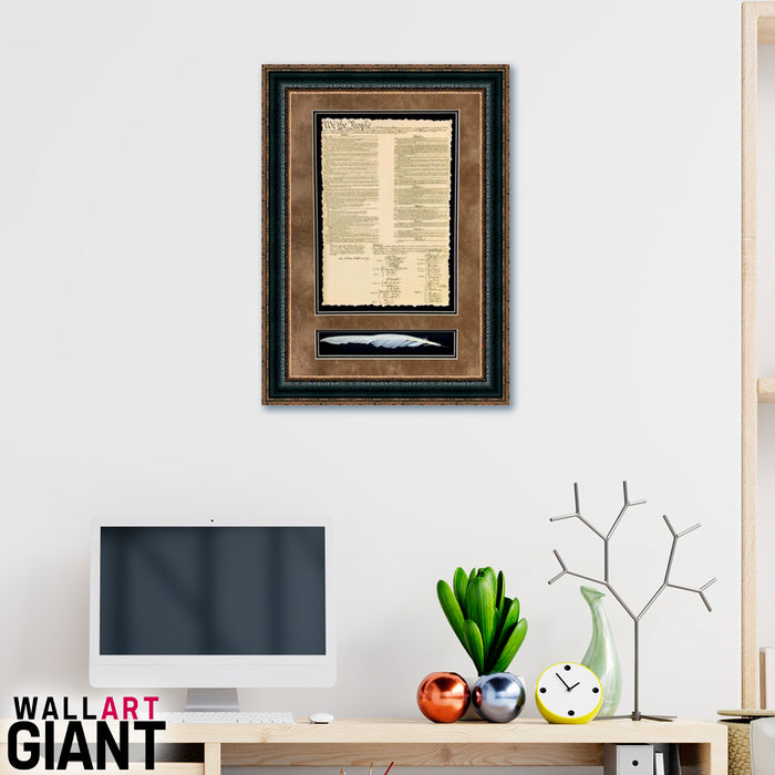Framed American Constitution with Quill Shadowbox | Historic Document with Quill in Double Mat | 33L X 23W" Inches