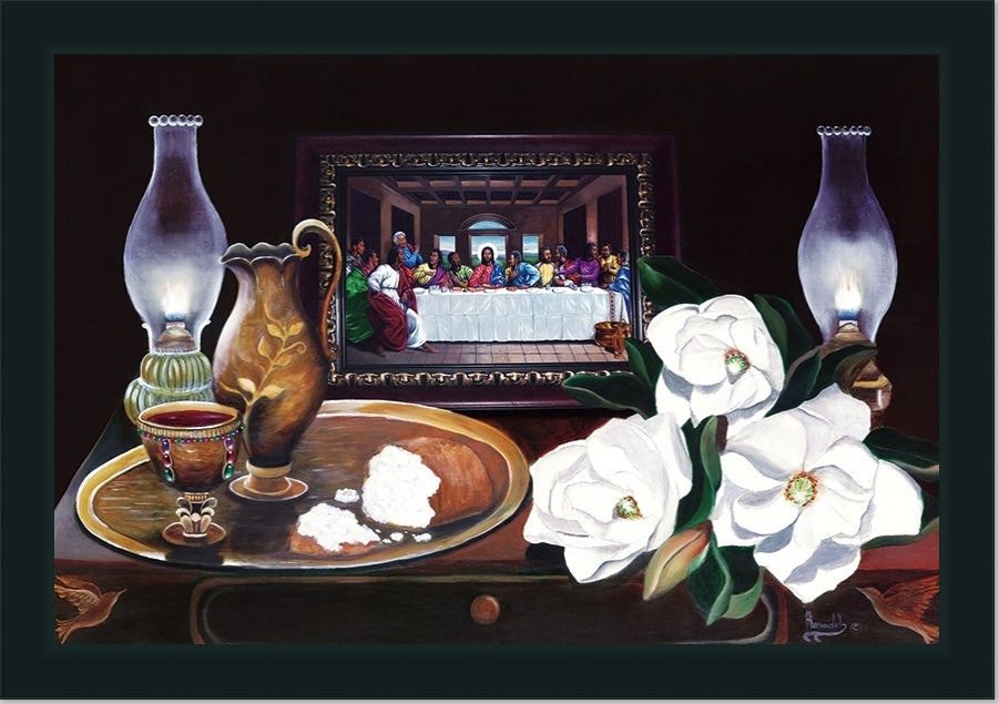 Black Last Supper with Magnolias | Framed Religious Black Art |  29L X 41W" Inches