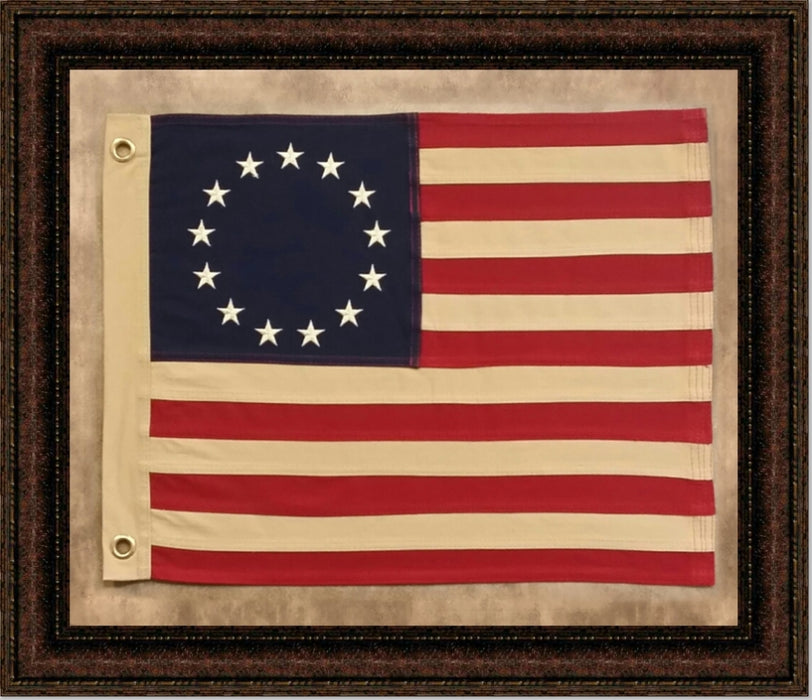 Framed Betsy Ross Flag with Grommets | Real Cotton Cloth Embroidered Flag | 25L X 29W" Inches