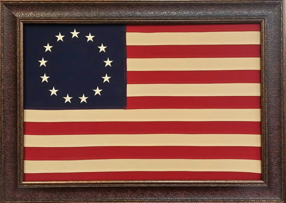 Framed Betsy Ross Flag | Real Cotton Cloth Embroidered Flag | 31L X 43W" Inches