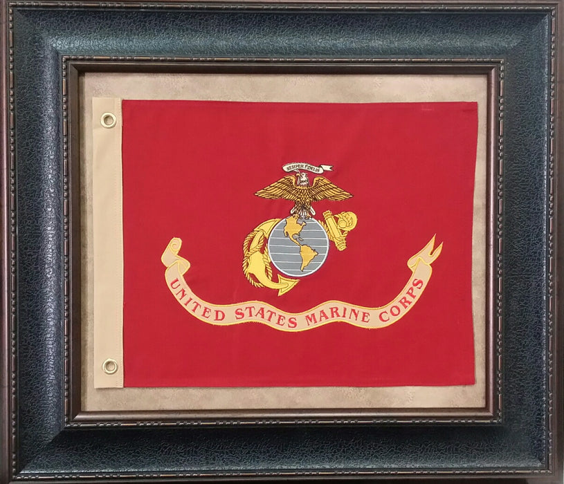 Framed Marines Flag with Grommets | Real Cotton Cloth Embroidered Flag | 27L X 31W" Inches
