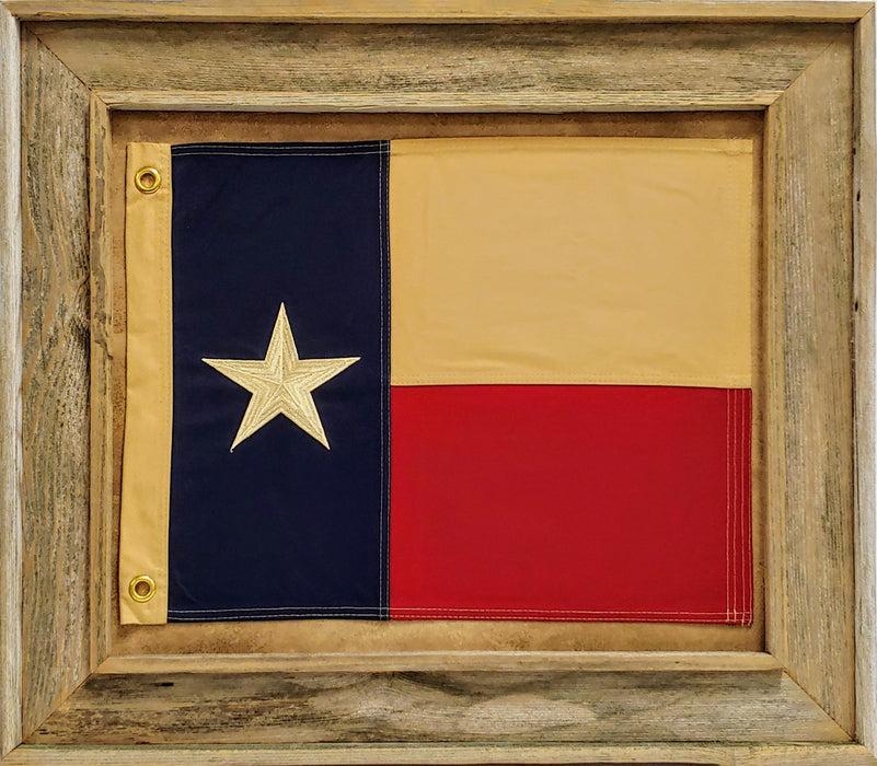 Framed Barnwood Texas Flag with Grommets | Real Cotton Cloth Embroidered Flag in Real Barnwood Frame | 26L X 30W" Inches