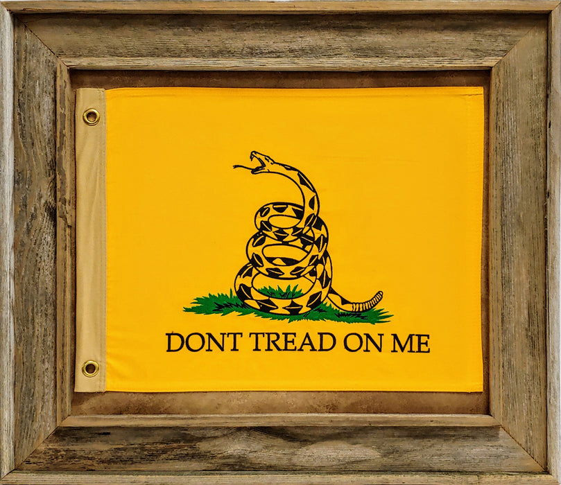 Framed Barnwood Don't Tread On Me Flag with Grommets | Real Cotton Cloth Embroidered Flag in Real Barnwood Frame | 26L X 30W" Inches