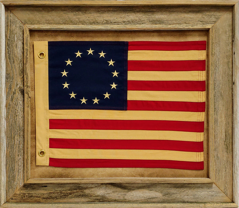 Framed Barnwood Betsy Ross Flag with Grommets | Real Cotton Cloth Embroidered Flag in Real Barnwood Frame | 26L X 30W" Inches