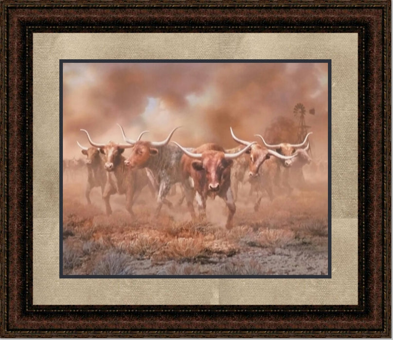 Day of the Horns | Western Framed Longhorn Art in Double Mat | 21L X 25W" Inches