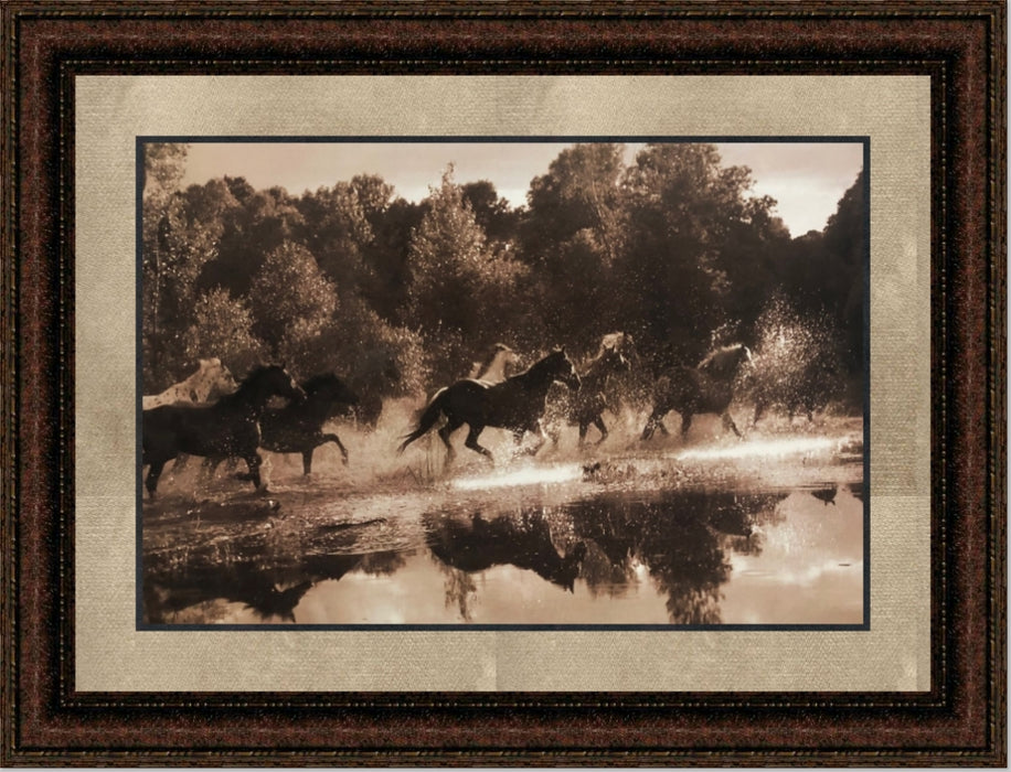Horse Crossing | Framed Western Horse Art in Double Mat | 25L X 21W" Inches