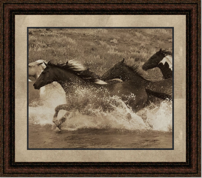 River Race | Framed Western Horse Art in Double Mat | 21L X 25W" Inches