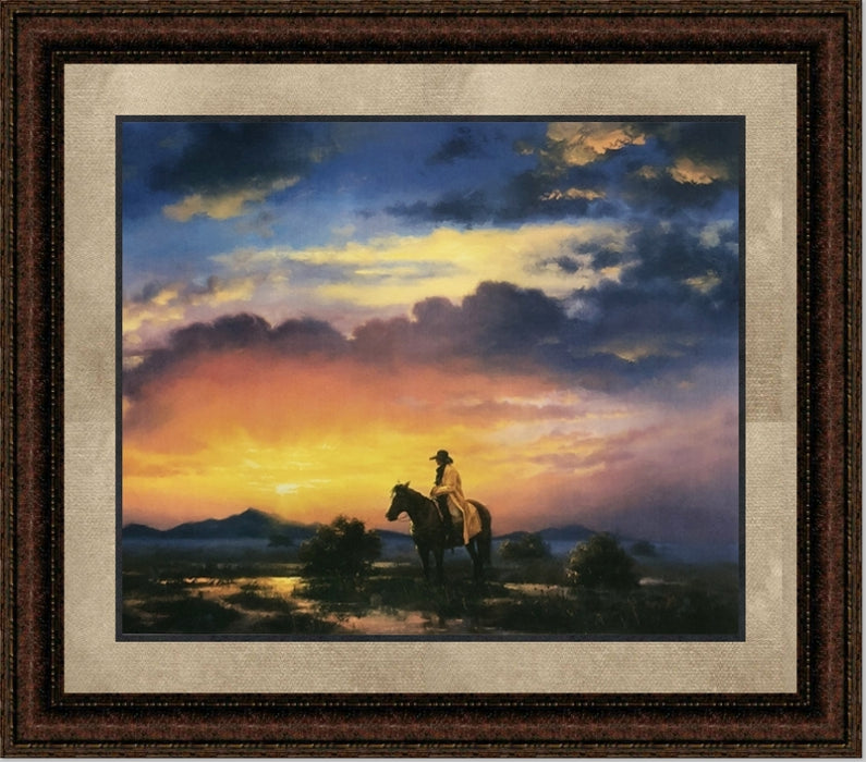Cowboy Sunset | Framed Western Art in Double Mat | 21L X 25W" Inches