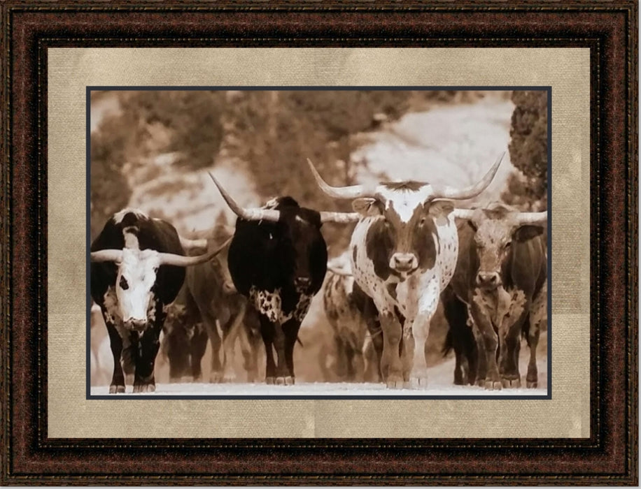 Longhorn Stampede | Western Framed Cattle Art in Double Mat | Various Sizes