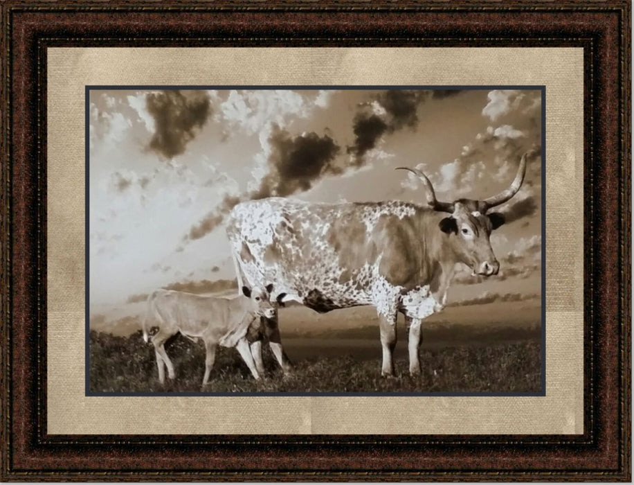 Mother Longhorn & Calf | Western Framed Cattle Art in Double Mat | 21L X 25W" Inches