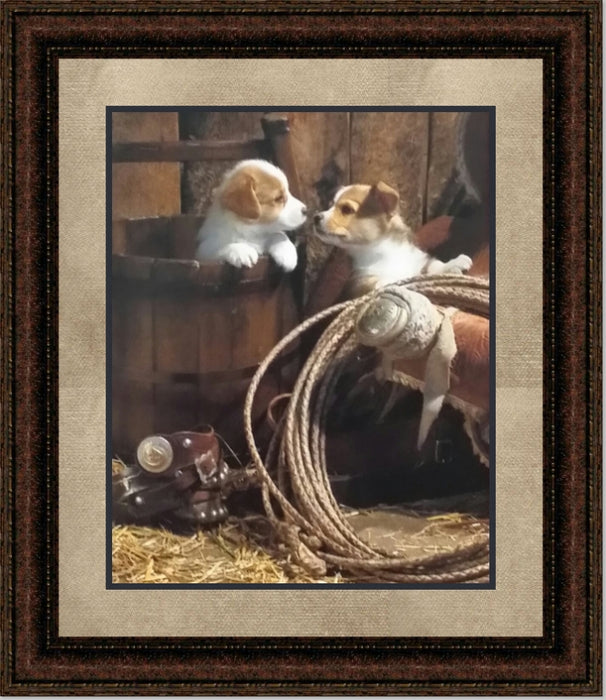 How About A Kiss | Framed Western Puppy Art in Double Mat | 25L X 21W" Inches