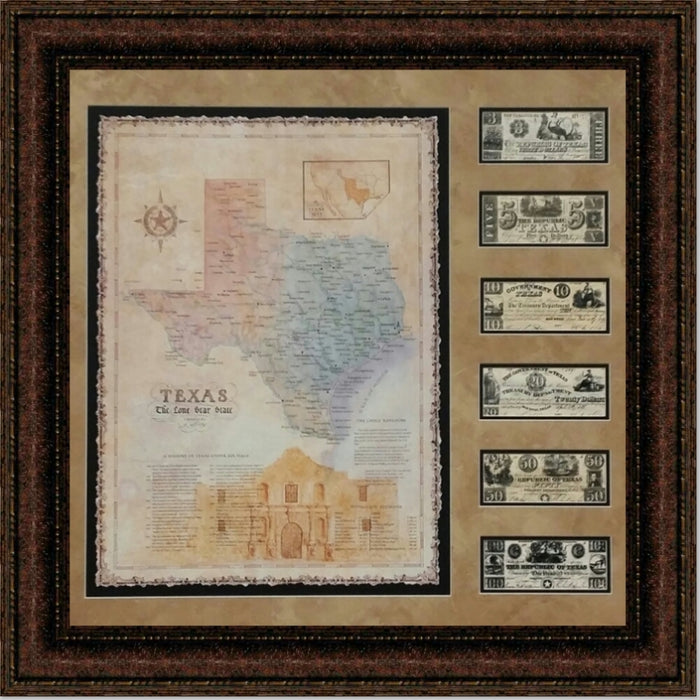 Alamo Map with Texas Currency | Framed Historic Texas Map and Money in Double Mat | 39L X 37W" Inches