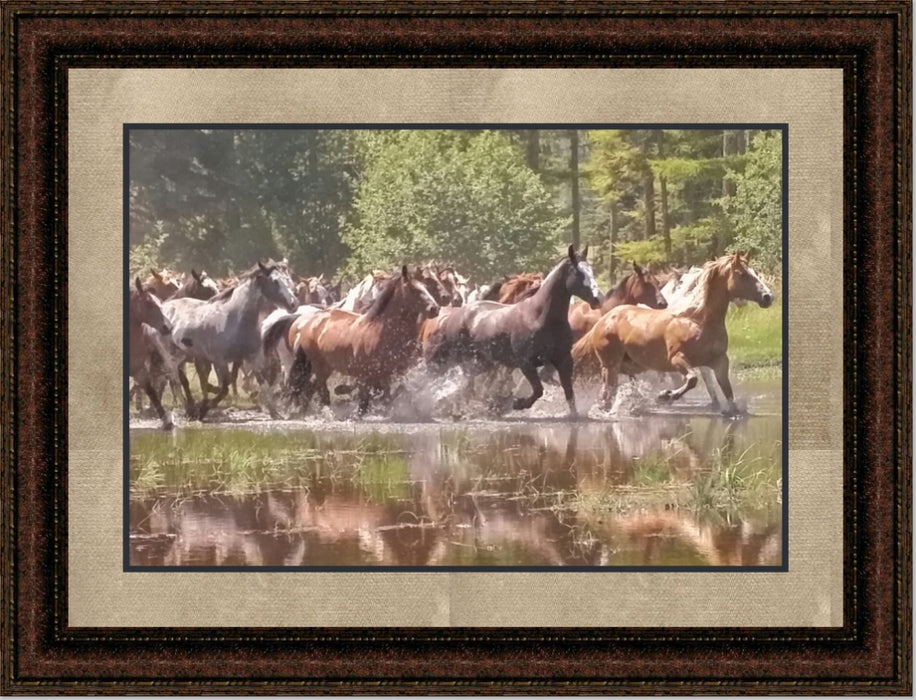 Spring Run | Framed Western Horse Art in Double Mat | 21L X 25W" Inches