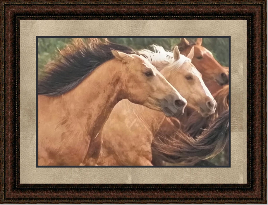 Together They Run | Framed Western Horse Art in Double Mat | 21L X 25W" Inches