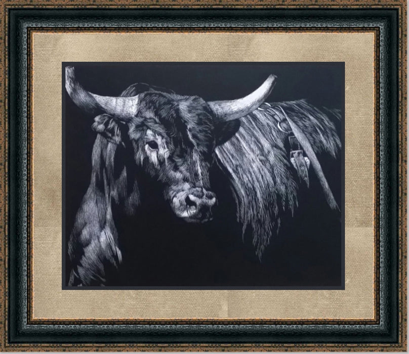 Brindle Bull Rodeo | Framed Cattle Art in Double Mat | 25L X 29W" Inches