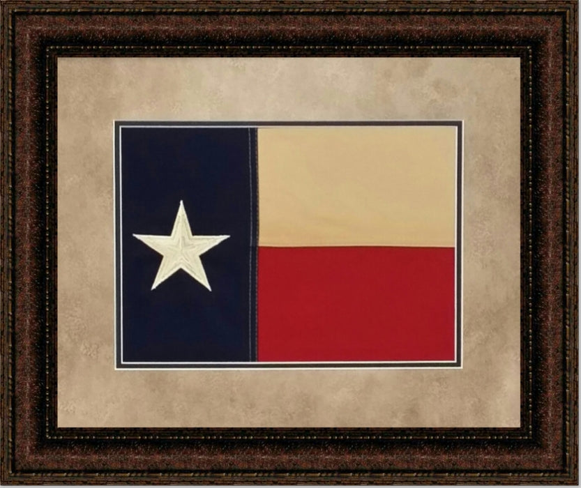 Framed Texas Flag | Real Cotton Cloth Embroidered Flag in Double Mat | 21L X 25W Inches