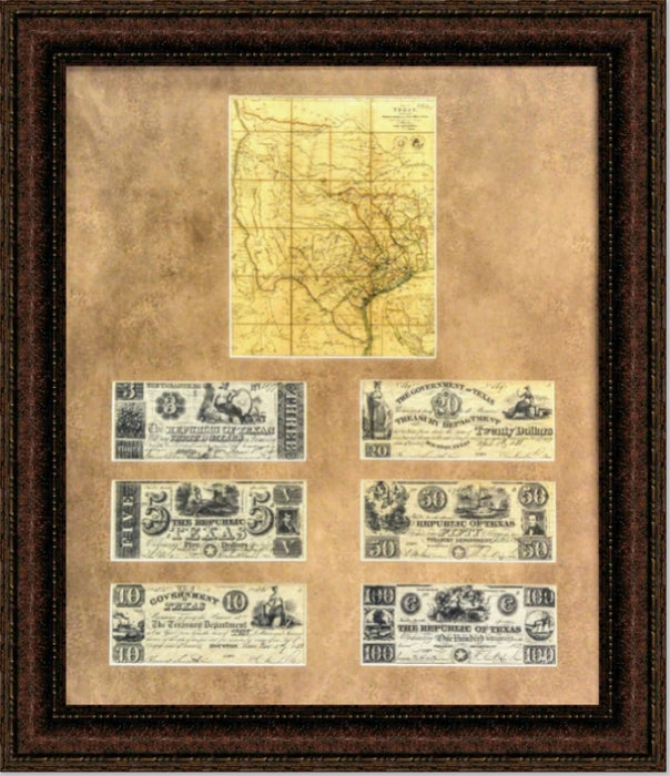 Texas Map and Money | Framed Historic Texas Map and Currency in Double Mat | 29L X 25W" Inches